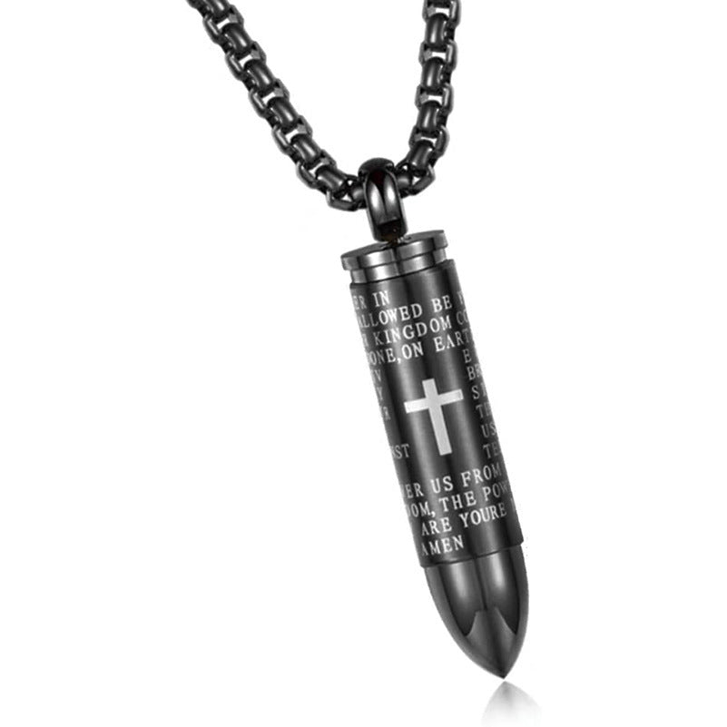 Titanium Steel Cross & Bullet Necklace – Unisex Pearl Chain Pendant