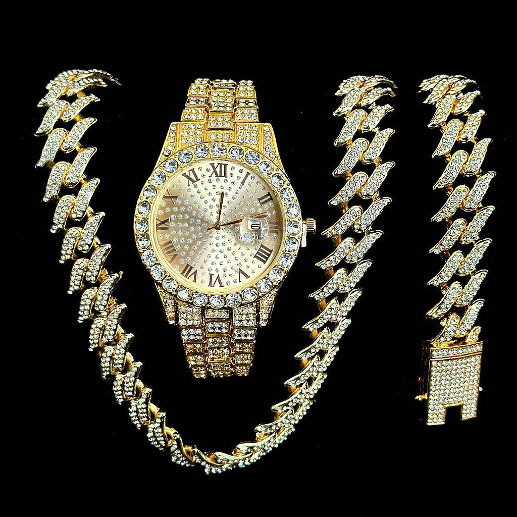 Luxury Diamond Cuban Chain Watch Set – 3-Piece (Watch, Bracelet, Necklace)