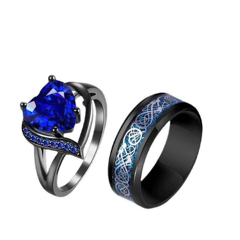 Dragon & Heart Couple Rings – Gemstone Electroplated Set