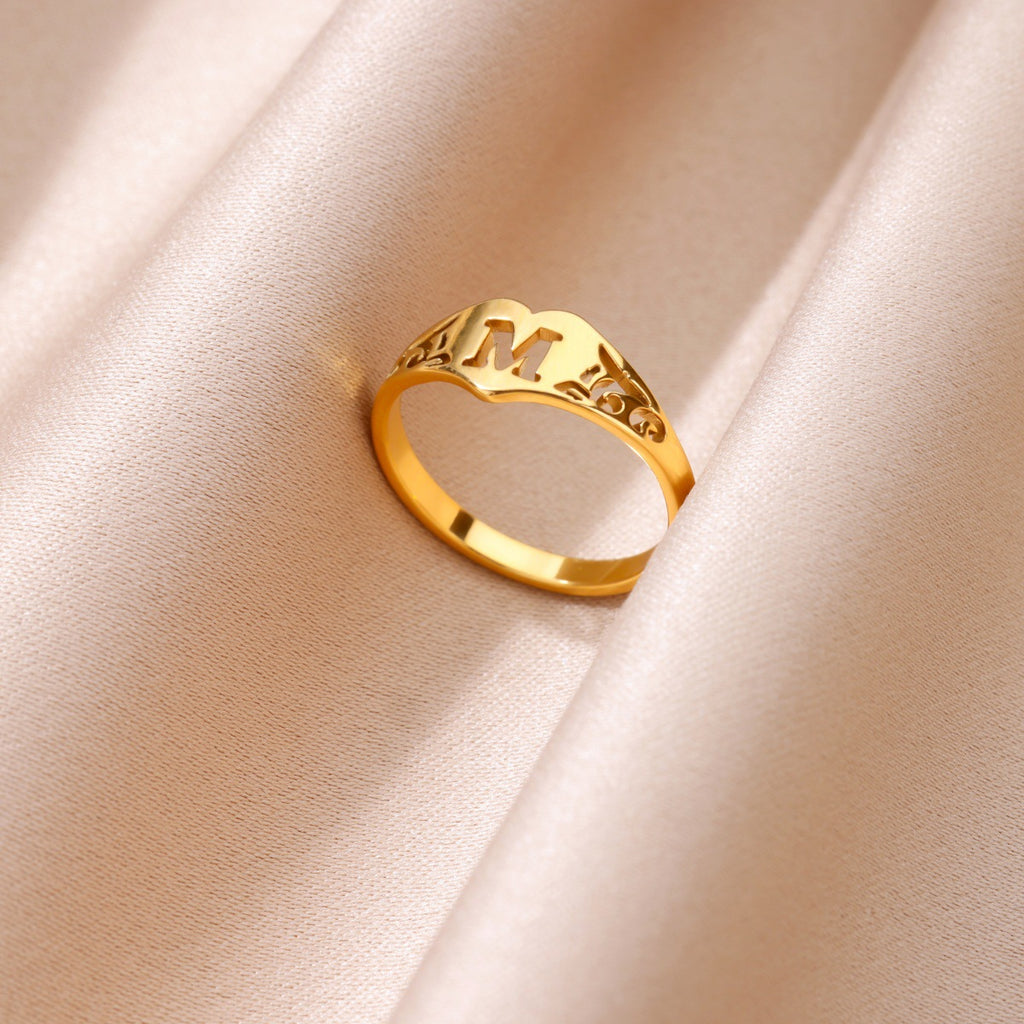Personalized 18K Gold-Plated Letter Ring – Heart Accent