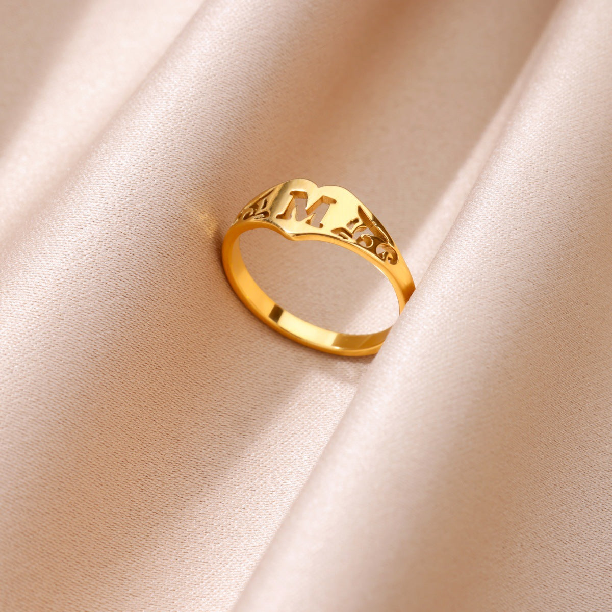 Personalized 18K Gold-Plated Letter Ring – Heart Accent