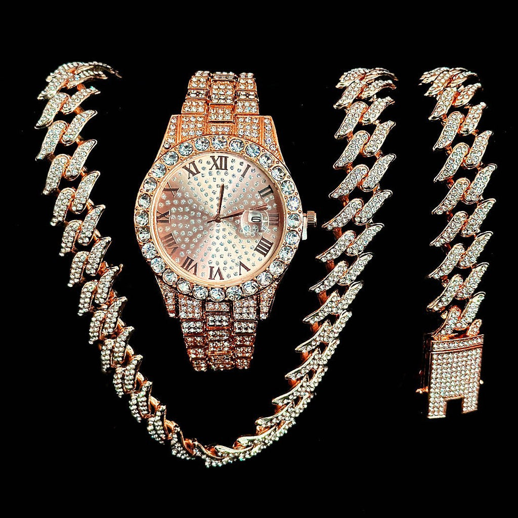 Luxury Diamond Cuban Chain Watch Set – 3-Piece (Watch, Bracelet, Necklace)