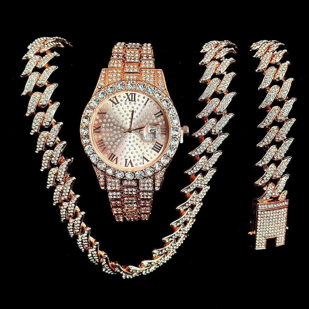 Luxury Diamond Cuban Chain Watch Set – 3-Piece (Watch, Bracelet, Necklace)