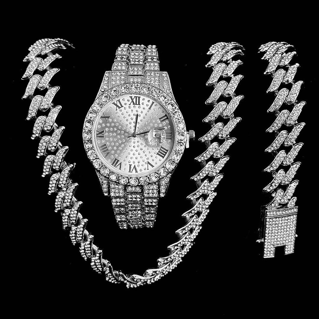 Luxury Diamond Cuban Chain Watch Set – 3-Piece (Watch, Bracelet, Necklace)