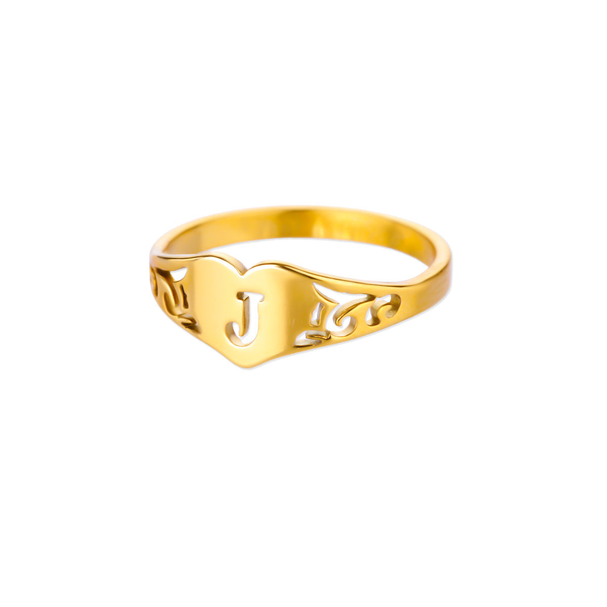 Personalized 18K Gold-Plated Letter Ring – Heart Accent