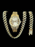 Luxury Diamond Cuban Chain Watch Set – 3-Piece (Watch, Bracelet, Necklace)