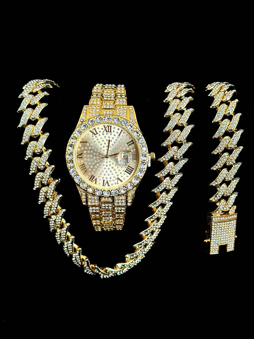 Luxury Diamond Cuban Chain Watch Set – 3-Piece (Watch, Bracelet, Necklace)