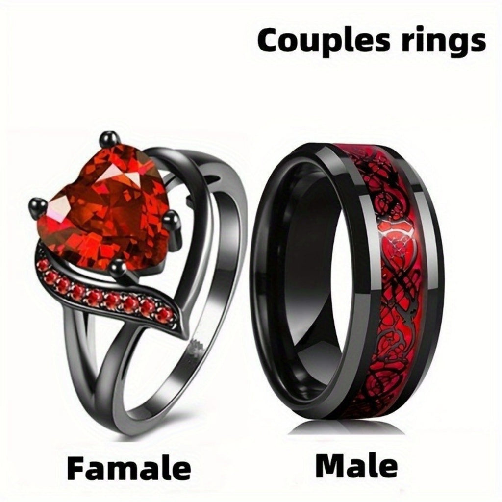 Dragon & Heart Couple Rings – Gemstone Electroplated Set