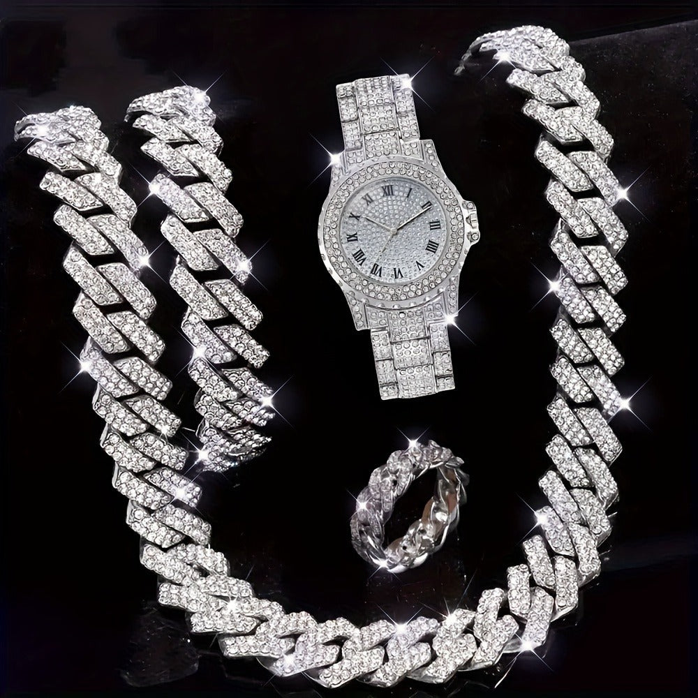 Square Iced Quartz Watch & Jewelry Set (3-Piece)