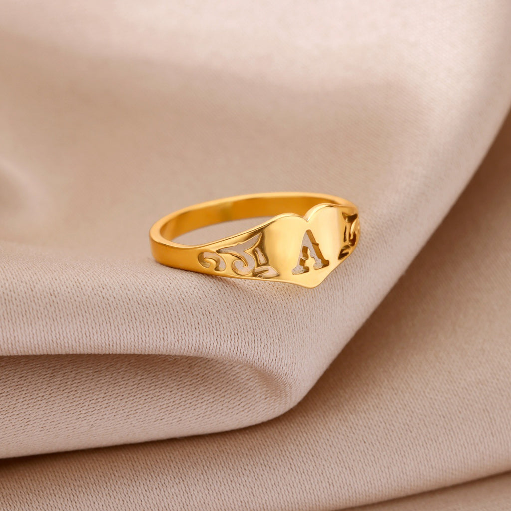 Personalized 18K Gold-Plated Letter Ring – Heart Accent