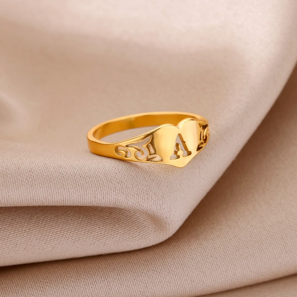 Personalized 18K Gold-Plated Letter Ring – Heart Accent