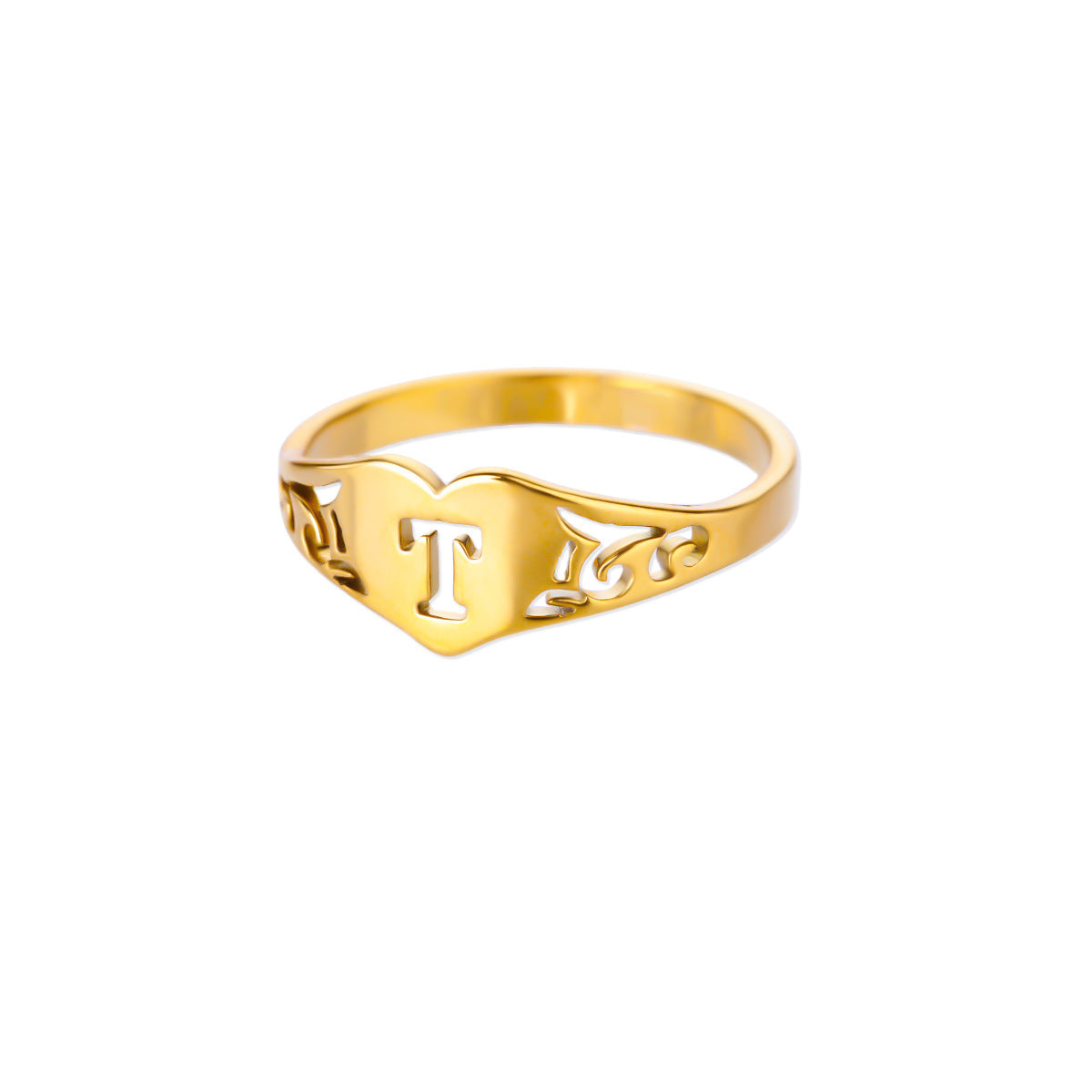 Personalized 18K Gold-Plated Letter Ring – Heart Accent