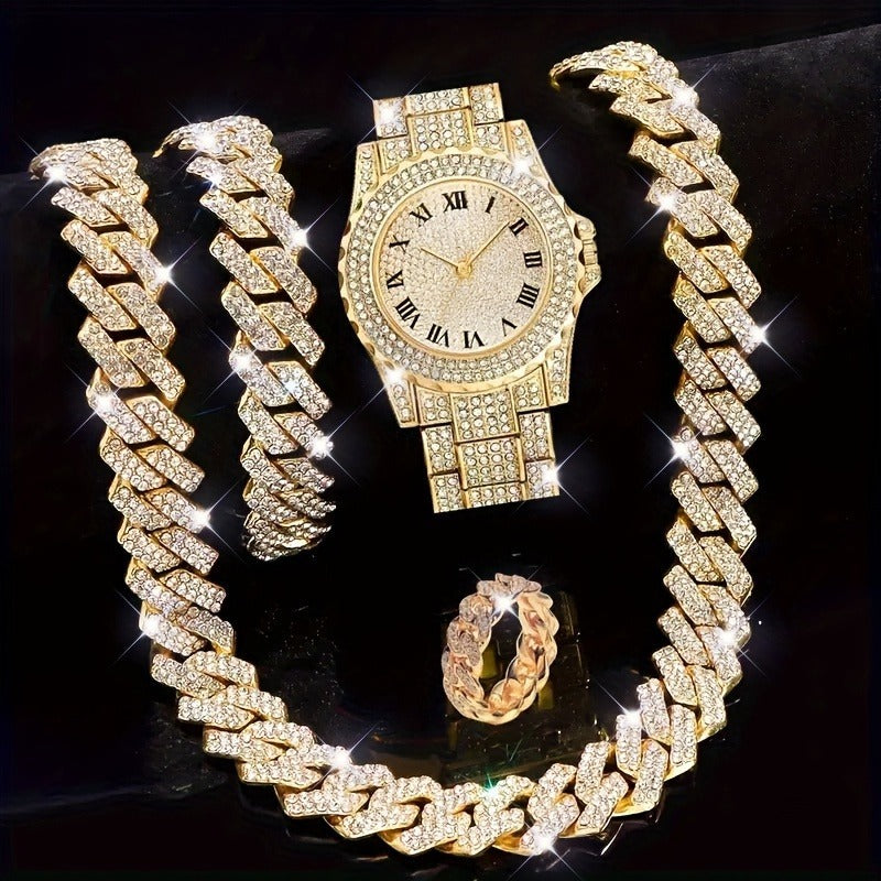 Square Iced Quartz Watch & Jewelry Set (3-Piece)