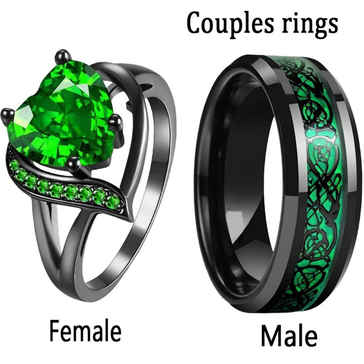 Dragon & Heart Couple Rings – Gemstone Electroplated Set