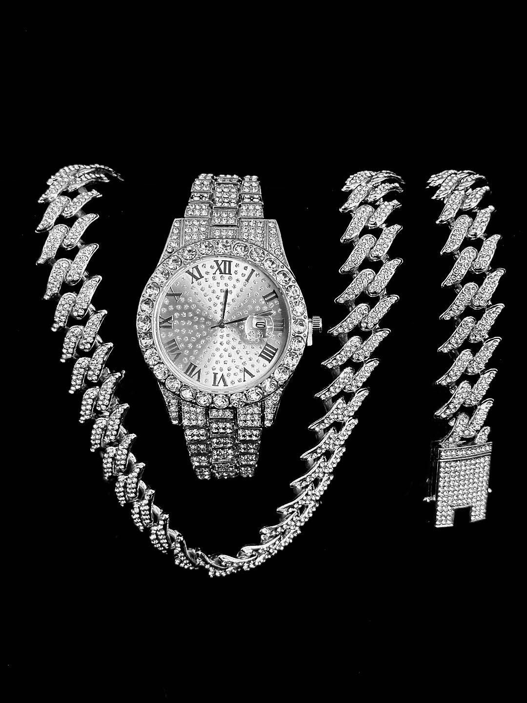 Luxury Diamond Cuban Chain Watch Set – 3-Piece (Watch, Bracelet, Necklace)