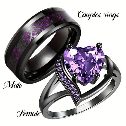 Dragon & Heart Couple Rings – Gemstone Electroplated Set