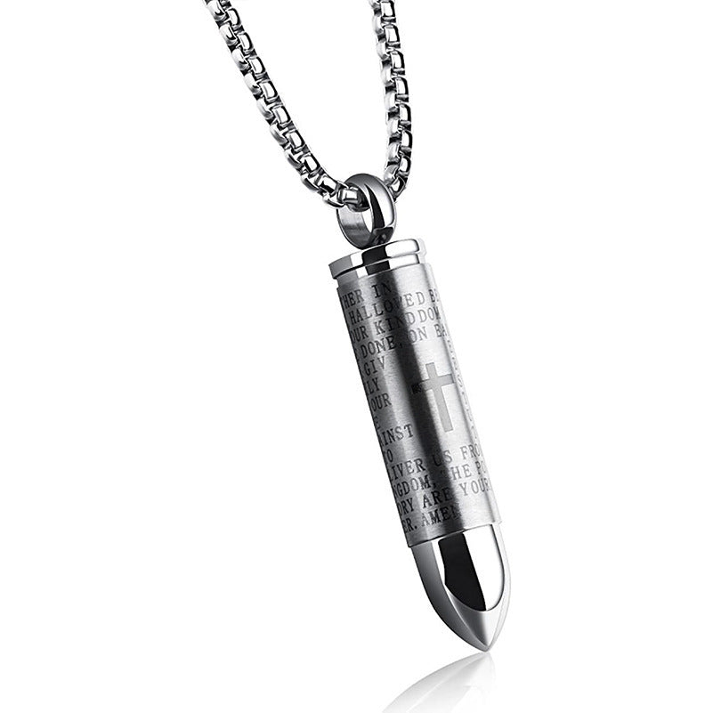 Titanium Steel Cross & Bullet Necklace – Unisex Pearl Chain Pendant